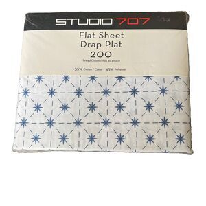 Vintage Studio 707 Twin Flat Sheet White Blue Atomic Pattern 200 Thread Ct New